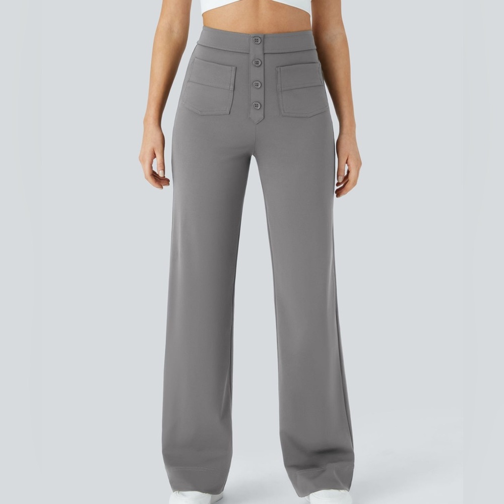 Halara High Waisted Faux Button Straight Leg Casual Pants Gray XS Tall